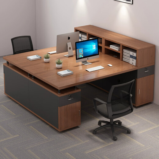 Office desk and chair combination, simple and modern boss desk, office staff, single and double computer desks facing each other, main picture, double model, hazy walnut color