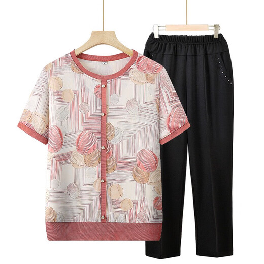 KuZHANG (KUZHANG) Mom's fashionable short-sleeved T-shirt for middle-aged and elderly women's loose tops for grandma summer large-size ice silk two-piece suit 679 red + nine-point pants XL Recommended 85-105Jin [Jin equals 0.5 kg]