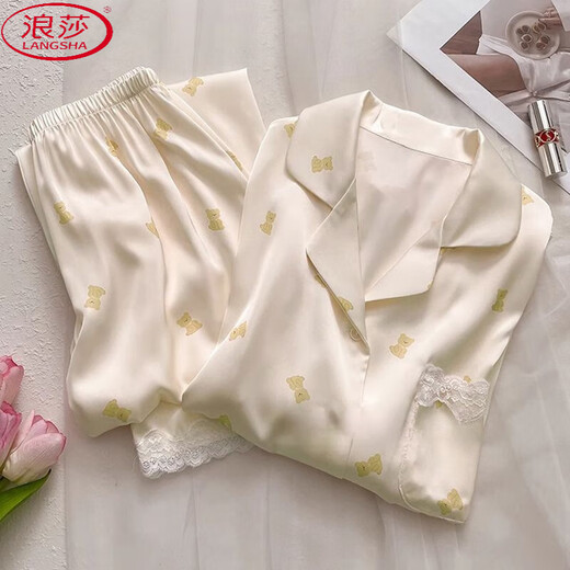 浪莎（LangSha）韩版ins冰丝绸凉感睡衣女士短袖长裤少女甜美可爱小熊家居服套装 高品质-YFY-9905【短袖长裤】 M 【建议80-100斤】