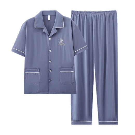 Ttpmer Pajamas Algodón de algodón de verano para hombres Pantalones de manga corta Cárdigan de verano delgada Juvenía de ropa para juventud de gran tamaño G3881 Azul (manga corta) 180 XL [recomendado 120-140Jin [Jin equivale a 0.5 kg]]