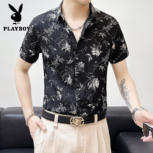 花花公子（PLAYBOY）冰丝修身短袖薄款碎花衬衫男士夏季休闲免烫垂感中袖衬衣时尚男装 BK679黑色 M