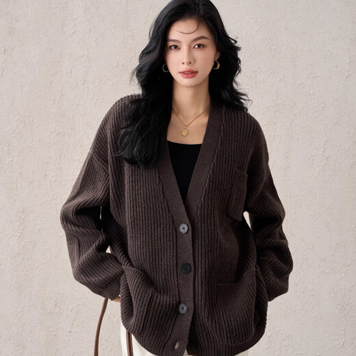 罗蒙（ROMON）针织衫女韩版时尚高级感开衫慵懒宽松中长款纯羊毛加厚毛衣外套女 咖色 均码