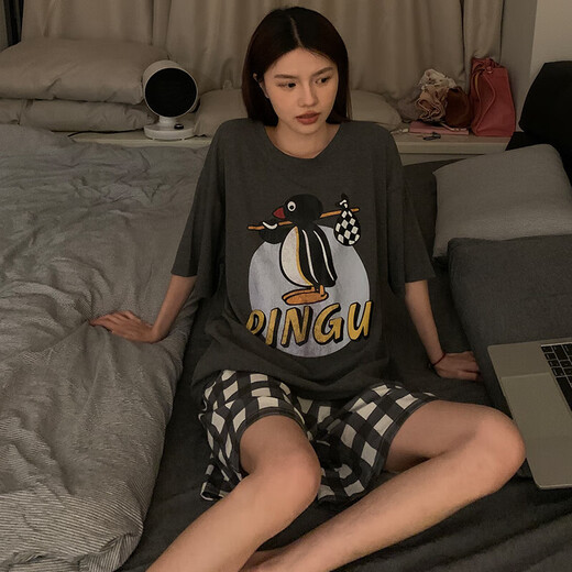 莫代尔睡衣女双面可穿夏季新款V领+圆领短袖短裤可爱家居服套装 9902w#大小企鹅 XL