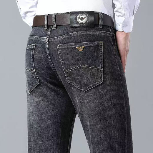 Falai Armani Summer Thin Men's Jeans Slim Straight Stretch Stretch Pantalon Europe Casual Men Gris foncé CC867 # -66- Étiquette jaune mince 33 [2 pieds 6]