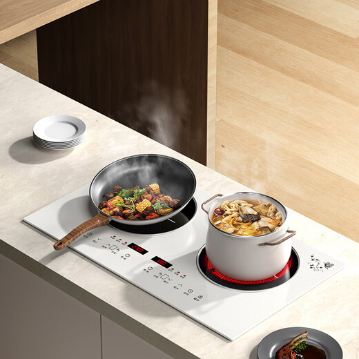 热情好太太白色4400W瓦大功率猛火双头平面电磁炉智能人机交互隔空操控家用电陶炉一体灶台镶嵌入式爆炒省电 白[套餐]-左平电磁3500W右平电陶3500W 智能体感（互控4400W)