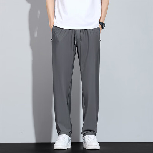 皮尔卡丹（pierre cardin）男士夏季薄款裤子冰丝运动裤男新款宽松弹力直筒长男生速干休闲裤 6629深灰色 L [推荐110-125斤]
