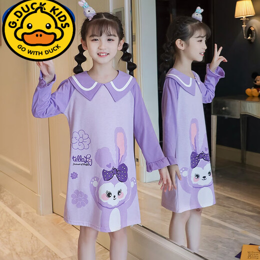 G.DUCKKIDS girls nightgown princess long sleeve spring and autumn pure cotton children's pajamas girls medium-sized children summer thin home clothes mother and daughter princess collar long skirt WJ9909# strawberry bear size 8 [recommended height 90-100cm]