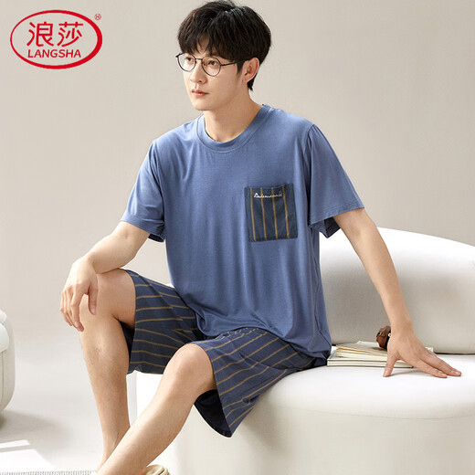 浪莎（LangSha）莫代尔睡衣男夏短袖长裤薄款棉绸家居服男款夏天加肥大码冰丝套装 6624 L