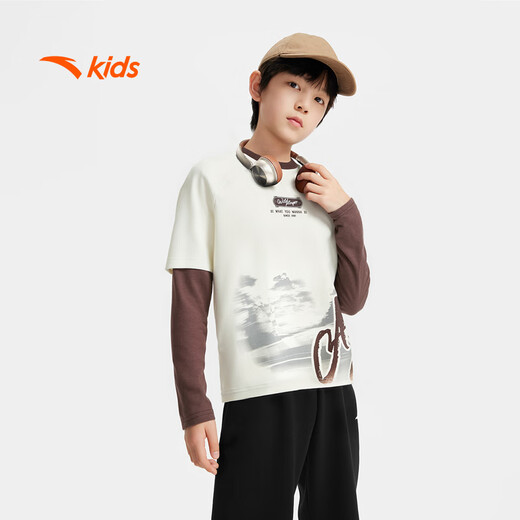 ANTA (ANTA) children's T-shirt men's big children's wear 2026 spring youth naughty trendy Coco silk knitted long-sleeved shirt 352538401 Vanilla White-2 130
