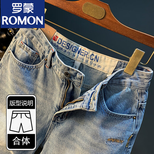 ROMON Summer Casual Shorts Men's Large Size Light Color Cotton Five-Part Jeans Trendy Embroidery High-end Men's Straight-Part Mid-Part Blue [XY9922] 28 Suitable for weight 95-108Jin [Jin equals 0.5 kg]