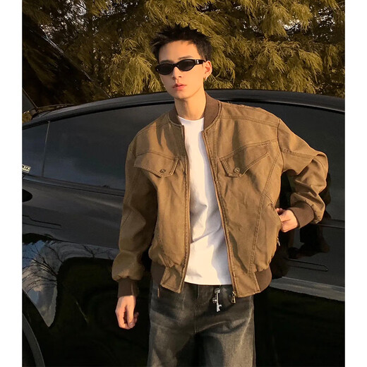 Shelley Jones Maillard short work jacket men's spring and autumn washed trendy brand baseball uniform American retro Harrington jacket brown XL recommended 120-140Jin Jin equals 0.5 kg