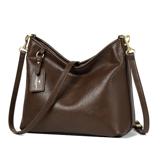 Kangaroo Kara genuine leather women's bag 2025 autumn and winter new large-capacity soft leather shoulder bag crossbody bag women's bag lightweight coffee brown (hand bag + card holder + gift box)