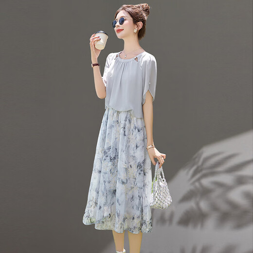 Vestido de marca de lujo de Ehangy Light para mujeres 2025 Summer Nuevo bordado de alta gama Temperamento de moda de empalme de manga corta Skirt Grey M