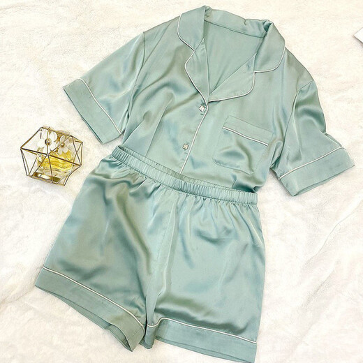 Feste Farbeis-Seiden-Pyjama für Frauen im sommerlichen dünnen Stil, hochwertiger kurzärmeliger Heimkleidung zweiteiler Anzug zum Tragen von außerhalb 9214# XL [vorgeschlagen 115-130jin [Jin ist 0,5 kg]]