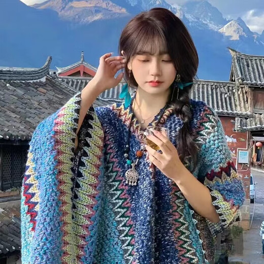 Xu Qixing Li Lang Oein Yunnan Ethnischer Stil Schal -Frauen Outer Wear 2024 Schal Frauen Nordwest Tourismus Grasland Outfit Schal Peacock Blue Shawl