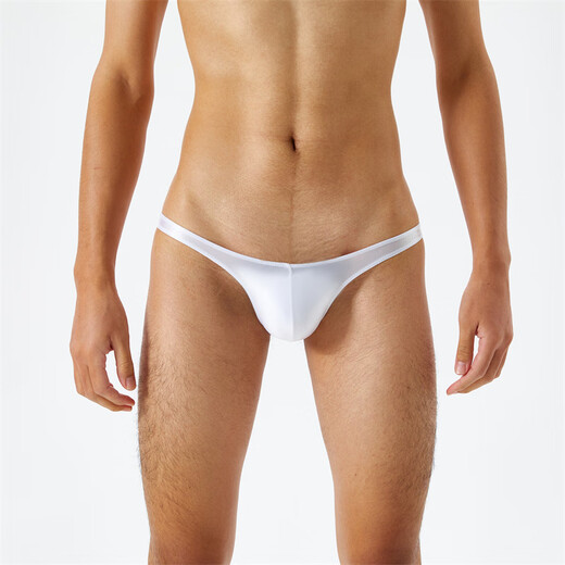 Silky, translucent, oily, silky, super low-waisted men's thong, t-pants, sexy and fun underwear, gray X M white