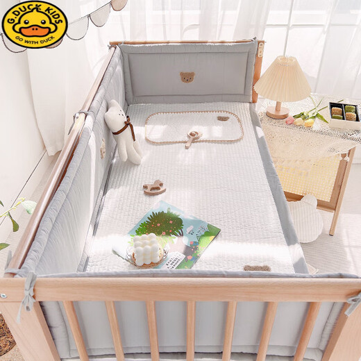 
G.DUCKKIDS crib bed fence soft pack pure cotton children's splicing bed guardrail fence anti-collision baby one-piece bed circumference heightened elegant gray (bear head pressing style) one piece length 180cm