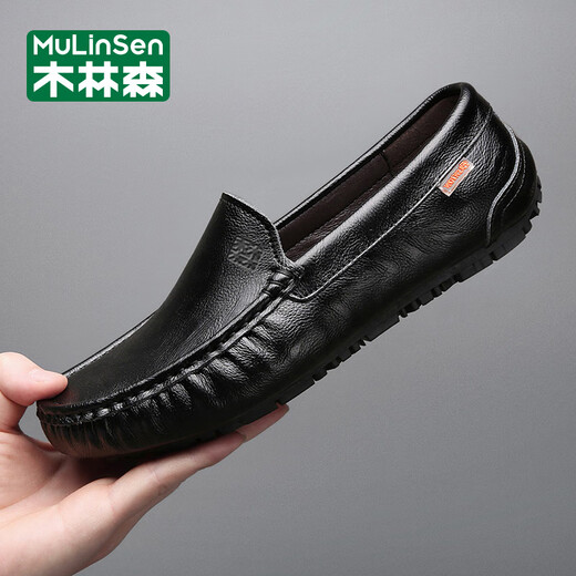 木林森（MULINSEN）凉皮鞋男真皮凉鞋休闲豆豆鞋夏季镂空透气软底一脚蹬爸爸鞋洞洞鞋 DY-MT9901黑色镂空 38