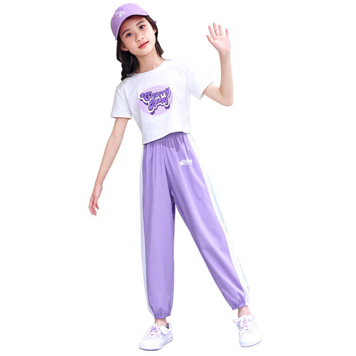 Little Hanlu Girls Summer New Sports Set Trendy Short Sleee Lose Dünner Sommeranzug 16012 Lila + 9889 Weiß 120 cm