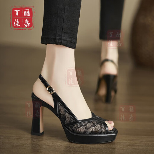 Belle Jiajia Chaussures féminines ~ 10cm Tempérament French High Heel Sandals Lace Mesh Hollow Fish Mouth Chaussures Chaussures de mode à talon épais noir 34