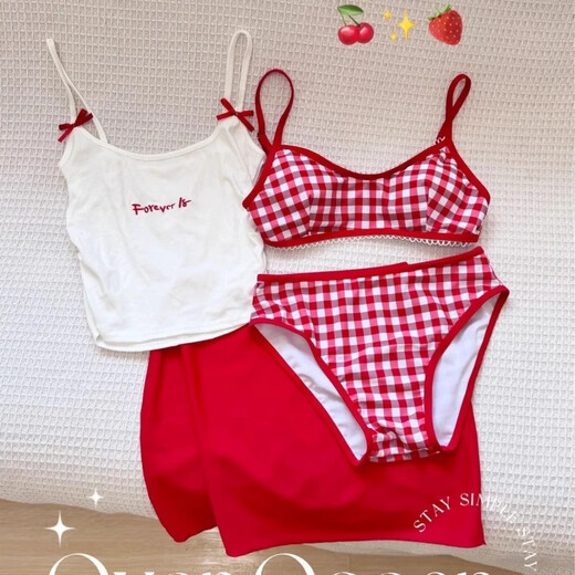Bai Qixin swimsuit women's split bikini four-piece set with small breasts gathered pure desire Korean version ins dopamine beach spa swimsuit red four-piece set one size fits all 70-120Jin Jin is equal to 0.5 kg