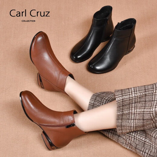 Carl Cruz品牌小短靴女圆头软皮2024春夏新款裸靴春秋单靴低跟加绒平底靴子 黑色-单里 20 预售订金，单拍不发货