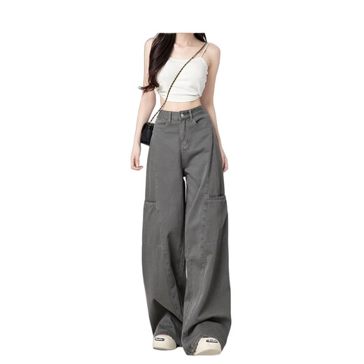 Jeanswest Cement Grey American Wide Legs Arbeiten für Frauen 2025 Neue Retro High Taille Sommer Straight Jeans Dünne Grey-Tuers xl