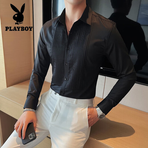 Playboy (playboy) Mariage du marié Shirt à manches longues Men de mode plissée robe plissée Men de mariage Slim Banquet de mariage Shirt White XL