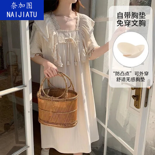 Nagatu extended version comes with chest pad nightgown short sleeves loose student pajamas for women in summer princess style dormitory can be worn outside [with chest pad] 16853 additional version M