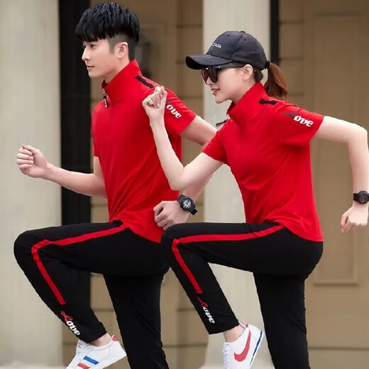 NSFK新款休闲纯棉夏情侣健身跑步广场舞两件套短袖长裤运动男女套装 F7027  高质量 红拼黑 4XL 【男款1套】