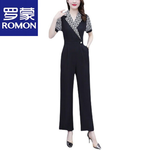 罗蒙（ROMON）时尚气质显高显瘦西装连体裤套装女夏装2025新款连身连衣裤 黑色 XL