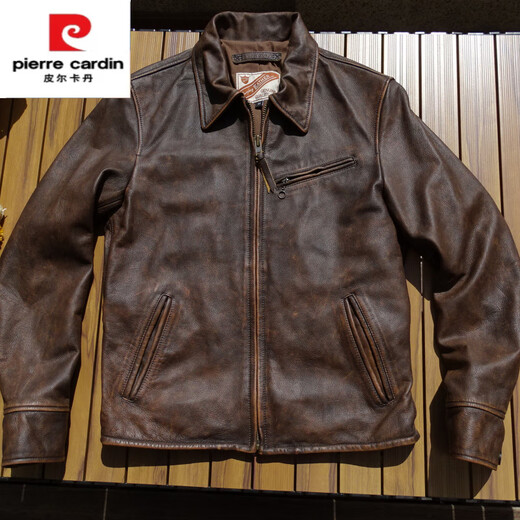 Pierre Cardin high-end soft waxy pendant 1930 Enfield heavy washed distressed leather jacket men's Bengal tea core cowhide leather jacket heavy washed distressed Bengal calf yellow brown tea core 3XL 165-180Jin Jin is equal to 0.5 kg