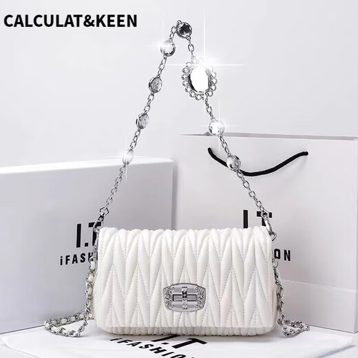 CALCULAT/KEEN Bag Women's 2025 New Fashionable and Versatile Soft Leather Fairy Bag Rhinestone Chain Bag Shoulder Crossbody Handle Wrinkle Bag White