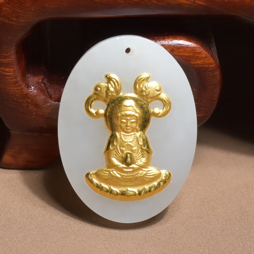 YIBIY was stunned by the brand Hetian jade Xinjiang Qiemo material Laokeng white jade Guanyin gold inlaid jade pendant A4
