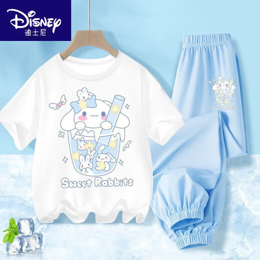 迪士尼（Disney）BINPAW女童夏季玉桂狗套装2025新款大童纯棉短袖t恤儿 A983白+A984紫裤 130 (建议身高115-125cm)