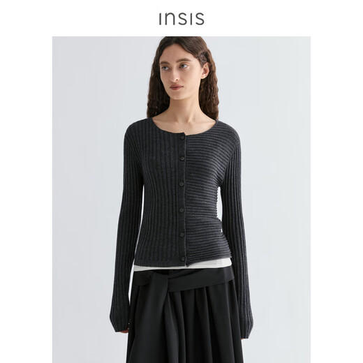 INSISFEMME Australian Merinosmile 2025 autumn wool round neck wool striped cardigan for women Greenland white L
