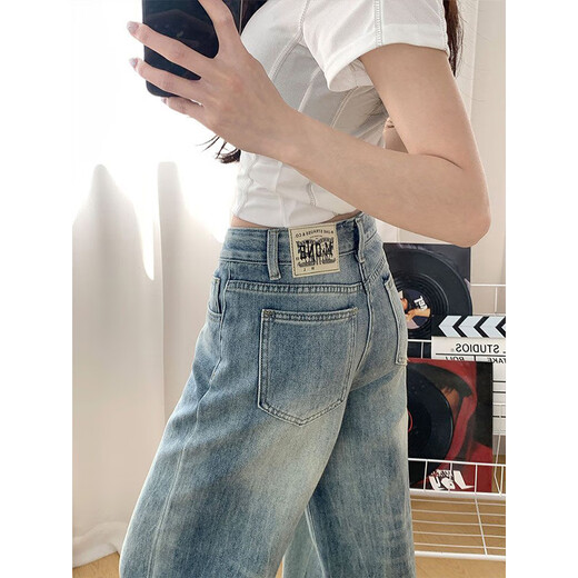 Cantu American retro narrow version straight jeans for women in summer new style small high waist loose drooping wide-leg trousers for women retro blue M [Suggested 90-110Jin [Jin equals 0.5 kg]]