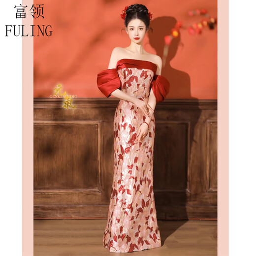 Fu Ling New Chinese Dressing Robe Bridal Luxurious Photography Chinese Engagement Toast Wear One Shoulder Fishtail Wedding Back Door Wear Banquet Burgundy M
