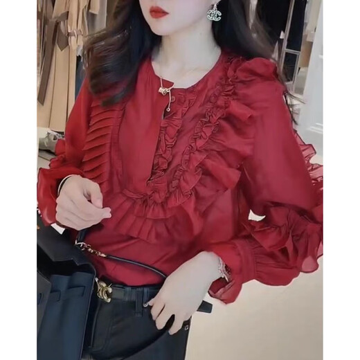 FHHUABD9857大爱美依缘2025秋季新款圆领压褶荷叶边长袖衬衫女上衣红色衫 红色上衣 M
