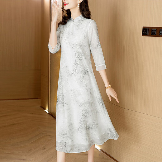 OLJ high-end brand dress for women 2025 summer new printed and modified cheongsam new Chinese style Zen Chinese style skirt gray L 90-115Jin [Jin equals 0.5 kg]