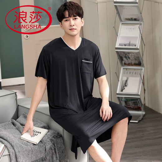 浪莎（LangSha）凉爽男士割包皮睡裙睡袍男夏季薄款冰丝莫代尔睡衣男长款短袖宽松 旗舰店-844深蓝 L