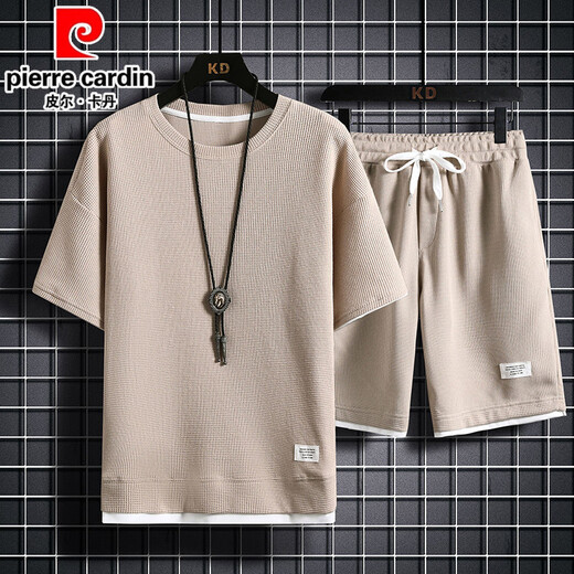 皮尔卡丹（pierre cardin）重磅华夫格短袖T恤男夏季宽松大码运动短裤套装工作服圆领透气潮 829黑色【套装】 M 100-120斤
