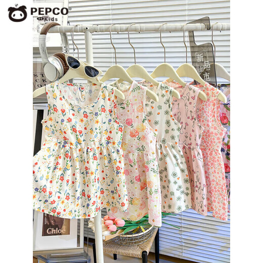 
Pig Banner girl summer thin dress for children's bubble cotton loose sleeveless vest skirt baby floral casual long skirt flower foundation 130 cm