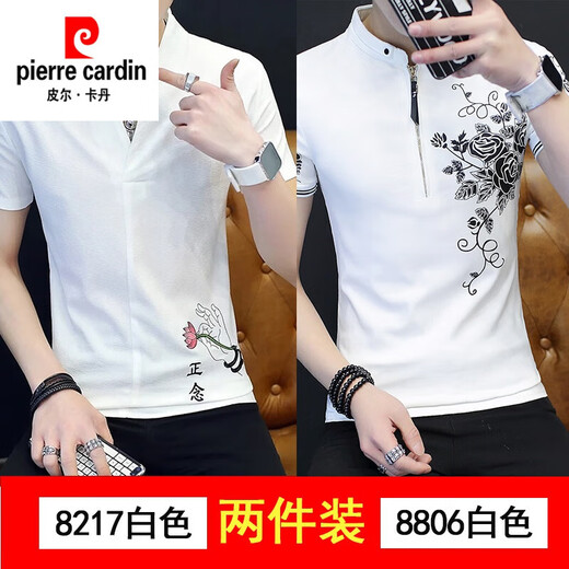 
Pierre cardin summer Chinese style v-neck short-sleeved men's linen t-shirt for men 2025 new slim ice silk embroidery trend 9193 white 2XL 180
