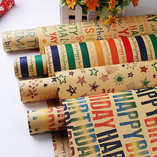 Qilicai cowhide wrapping paper bouquet gift paper children's birthday gift paper gift box vintage bag book velvet paper English flower paper Kraft paper English random 10 pieces for double-sided glue