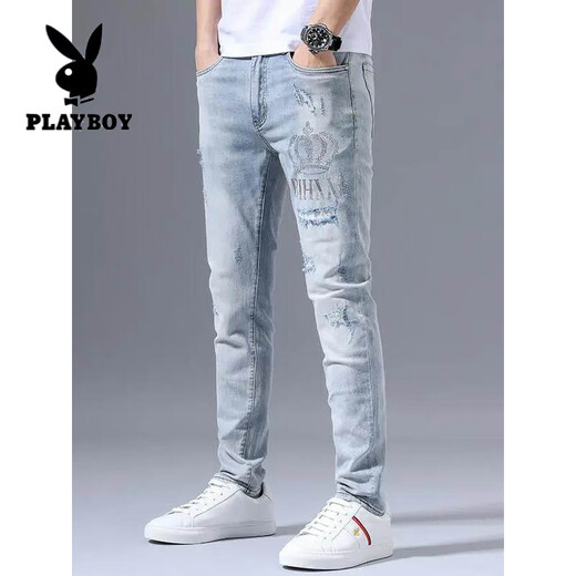 花花公子（PLAYBOY）高端弹力牛仔裤男士潮牌夏季薄款破洞刺绣修身小脚浅色百搭长裤子 浅蓝色3890皇冠破洞裤 27