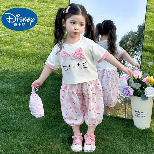 
Disney baby girls short-sleeved suit summer 2025 new fashionable children's KT cat casual pants fashionable baby cartoon two-piece kitten pink suit 120 (upgraded model)