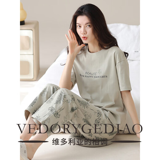维多利亚的格调全棉女士睡衣套装夏季纯棉短袖卡通长裤韩版家居服可外穿夏天 Y9715 M (建议75-95斤)