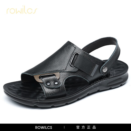 Rowilcs Sandalen Herren 2025 Neuer Sommer lässig Outdoor Dad Dad Beach Schuhe Anti-Rutsch-Kee-resistente weiche Sohle Dual-Purple-Leder-Sandalen YF-23321 Black 38