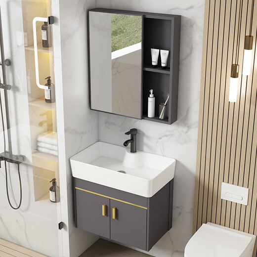 HKFF Kleine Apartment Waschbeckenschrank kombinierter Badezimmerschrank Keramik integriert schmale Waschbecken Pool Balkon Waschbecken 1618 Hängsschrank 4837 cm plus Spiegel
